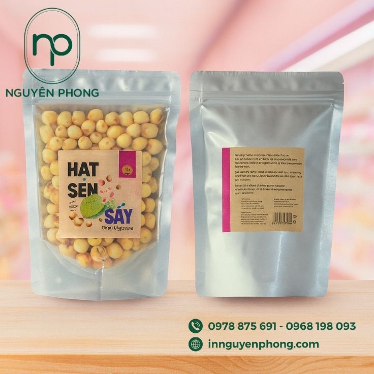 Mẫu tem nhãn hạt sen sấy in hình minh họa 